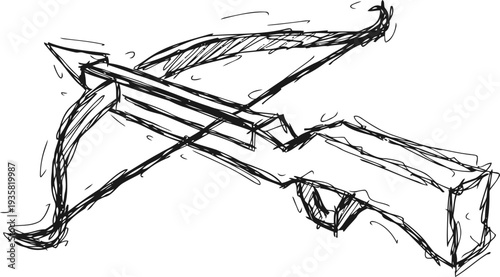 Hand drawn crossbow sketch with arrow, medieval weapon outline, vintage bow and projectile illustration