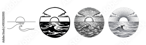 Four distinct black and white ocean sunset illustrations showcasing various artistic styles including line art, solid fill, hatching, and stippling, depicting waves and a setting sun
