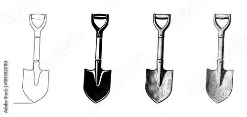 Four distinct artistic shovels with D-handles are presented upright, showcasing various graphic styles including continuous line, solid silhouette, detailed engraving, and textured stippling