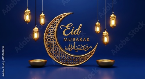 Blue and gold color Eid mubarak islamic background with hanging ramadan candle lantern. Ramadan kareem animation with golden islamic decor, crescent moon lanterns, and flowers.