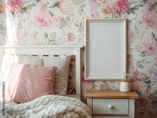 Cozy bedroom with floral wallpaper. Pink pillows rest on a white bed frame. Blank frame leans beside a wooden nightstand. Soft sunlight streams through the window. Simple decor creates a tranquil