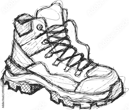 Hand drawn rugged hiking boot sketch with detailed sole and lace up design