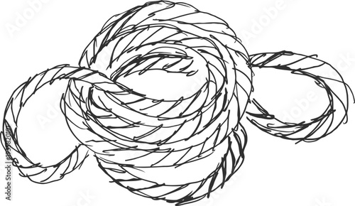 Twisted coil of natural fiber rope on white background, isolated durable cord for binding and tying