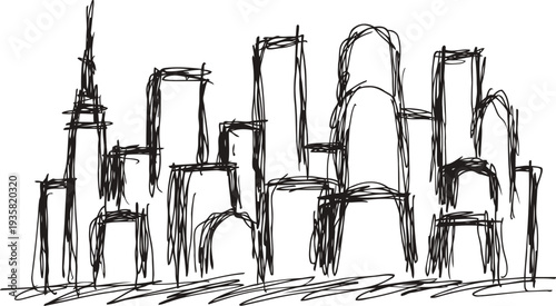 abstract urban city skyline sketch with tall buildings and skyscrapers in rough black lines
