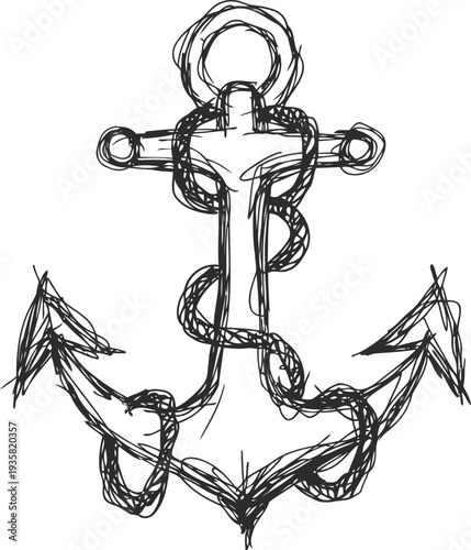 Hand drawn sketch of a nautical anchor wrapped with a thick rope in black ink