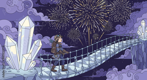 Cartoon character walking on a rope bridge.