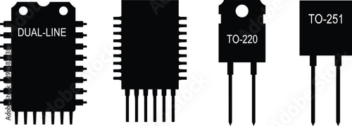 Vector illustration of electronic component packages including dual in-line DIP, surface mount, TO-220, and TO-251 designs for circuit manufacturing, engineering, and educational purposes