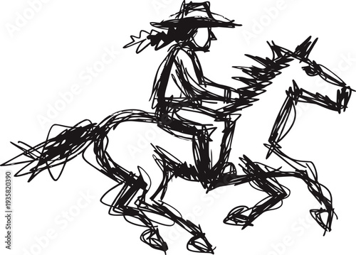 Sketch of a cowboy riding a horse, dynamic motion illustration in black ink