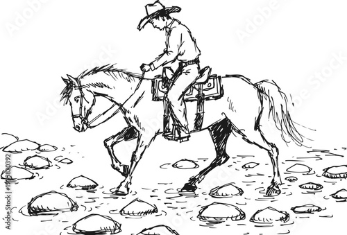 Cowboy riding horse across rocky riverbed, western hat and saddle in vintage line drawing