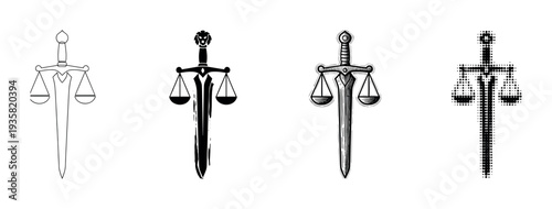 Four distinct justice symbols featuring swords and scales are presented in various graphic styles, including outline, solid, engraved, and halftone designs, conveying concepts of law and fairness