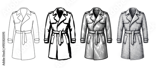 Four distinct black and white trench coats are showcased in various artistic illustration styles, from minimalist line art to detailed stippling, depicting classic fashion outerwear