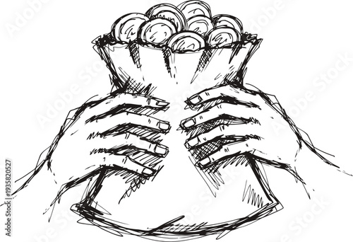 Hands holding a bag of coins financial wealth and savings concept sketch drawing with detailed line art