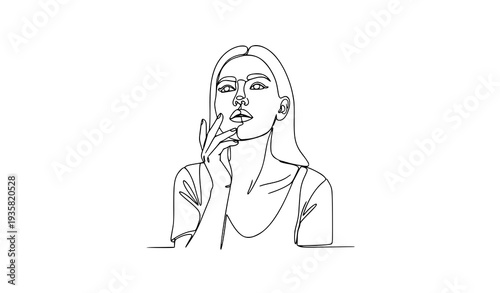 Minimal Continuous Line Woman Looking Up Confused Thoughtful Vector Illustration