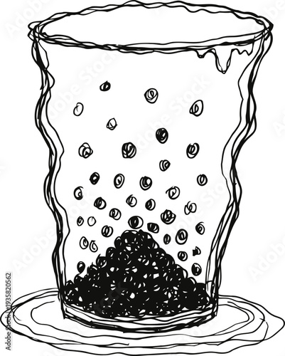Bubble tea glass with tapioca pearls, hand drawn illustration of refreshing drink with straw