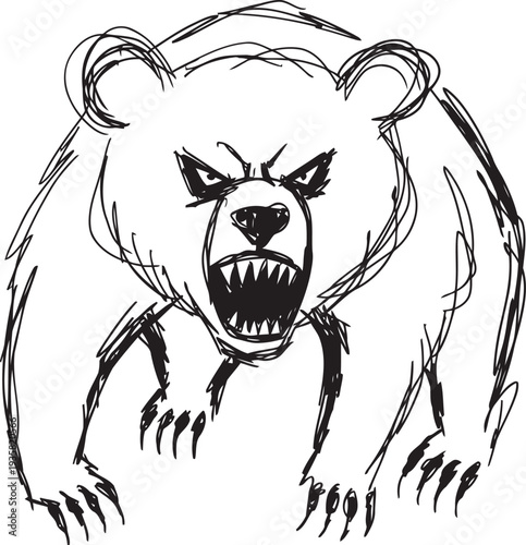 Fierce angry bear sketch with sharp teeth and claws roaring aggressively