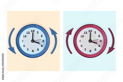 Clock with Spring Forward and Fall Back time change concept. Two colorful clocks with arrows indicating clockwise and counter-clockwise movement. Daylight Saving Time. Stock vector illustration