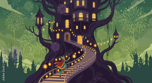 Enchanted Treehouse Castle with Twinkling Lights and Fireworks.