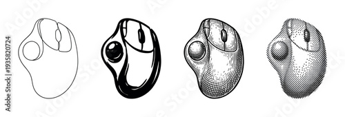 Four distinct black and white ergonomic computer mouse illustrations are presented, showcasing various artistic rendering techniques from a simple outline to detailed halftone patterns