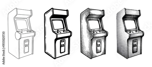 Four distinct vintage arcade game cabinets are illustrated in various black and white graphic styles, showcasing retro gaming nostalgia with detailed joysticks and buttons