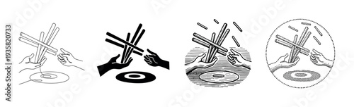 Four distinct graphic illustrations depicting hands playing pick-up sticks, showcasing various artistic styles from simple line art to detailed engraving and dotted patterns
