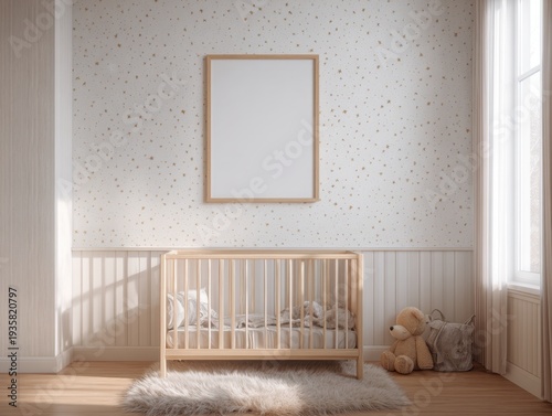 Soft light fills minimalist nursery. Wooden crib rests on cozy rug. Framed blank space above the crib. Wallpaper features subtle speckled pattern. Plush toys sit beside the crib