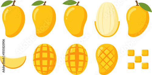 Mango Icon Set Featuring Whole Mango, Mango Half, Sliced Mango, Cubed Mango and Mango Pieces for Tropical Fruit Design and Healthy Food Illustration