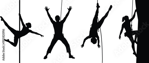 Extreme sports silhouette set, climbers and pole dancers performing acrobatic moves rope climbing wall climbing fitness training stunt activity vector illustration