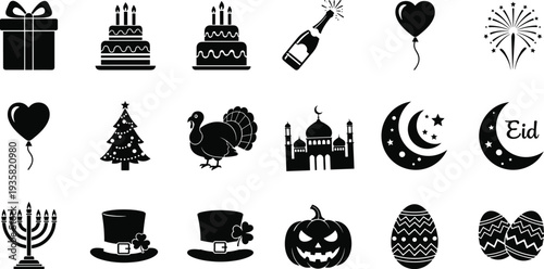 Holiday celebration icons, festive silhouette symbols, Christmas tree menorah pumpkin Easter egg, birthday cake gift box, cultural religious festival artwork