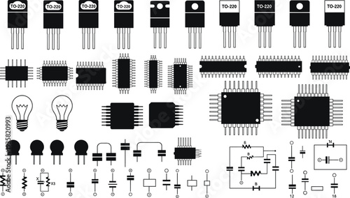 Vector illustration of electronic components and schematic symbols including TO-220 transistors, IC packages, resistors, capacitors, inductors, switches, 
