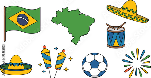 Brazil culture icons set with flag map samba drum maracas sombrero soccer ball fireworks cartoon vector illustration isolated background