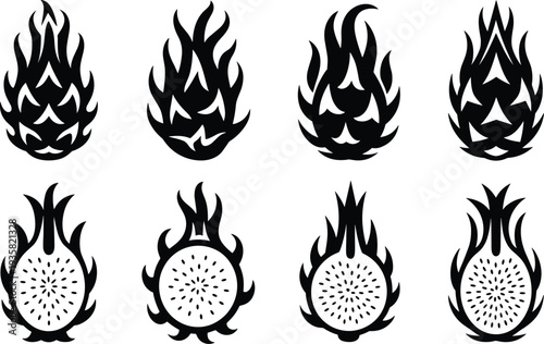 Dragon Fruit Icons Set Black Silhouette Vector Illustrations