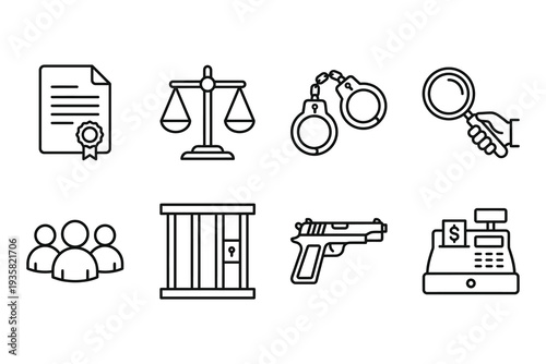 Law and Justice Icons: Scales, Handcuffs, Magnifying Glass, Prison Cell, Gun, Cash Register