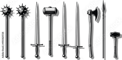 Medieval weapon silhouettes, sword mace axe spear, war hammer illustration, historical combat design, black silhouette artwork, ancient weaponry icon graphic