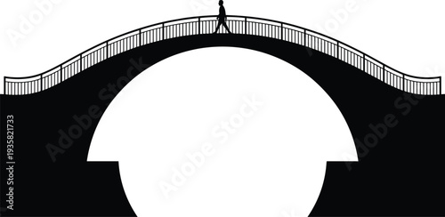 Silhouette of Person Walking Across Arched Bridge with White Background