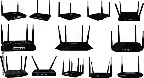Vector illustration of thirteen wireless router silhouettes showing multiple antenna configurations, Ethernet ports, and LED indicators for networking, internet connectivity, 