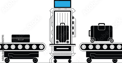 Luggage Security Scan at Airport Security Checkpoint with Conveyor Belt Vector Illustration
