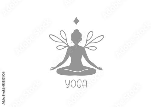 Grey vector logo of a meditating figure with wings and the text Yoga isolated on white background, spiritual wellness concept

