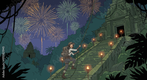 Young girl climbing ancient stone stairs at night.