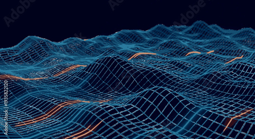 Futuristic grid landscape with glowing orange lines on blue mesh black background abstract technology concept