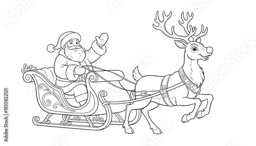 Santa Claus riding sleigh with reindeer line art illustration, cute Christmas holiday character outline drawing isolated on white background for coloring page design