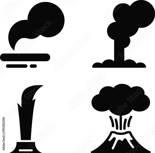 Set of four icons representing air flow wind and smoke plumes in black silhouette style
