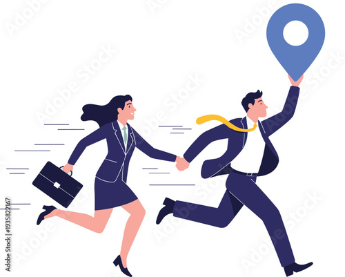 Business couple running forward holding hands chasing location pin, teamwork success concept, fast corporate partnership growth, leadership ambition vector illustration