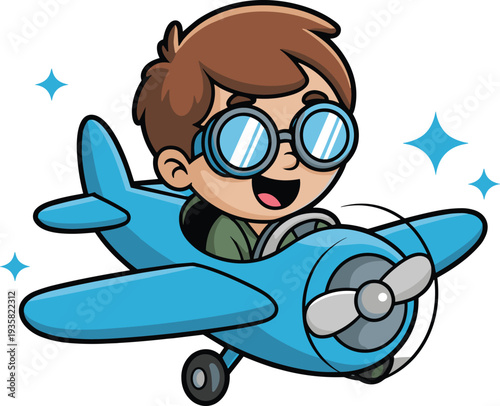 Cute little boy pilot flying blue airplane cartoon character wearing goggles smiling kids aviation adventure vector illustration isolated background