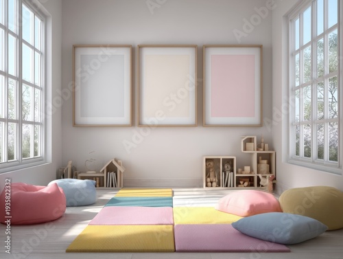 Bright room with colorful cushions and framed artwork. Large windows let in soft natural light. Pastel pillows add cozy comfort to the floor. Wooden shelves hold small decorative items