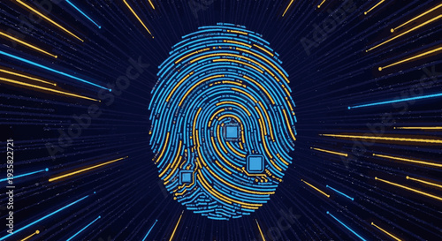 Fingerprint icon with blue and yellow lines on dark background symbolizing security and identity verification with modern digital effect
