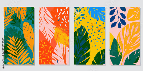 Abstract tropical leaves in vibrant colors arranged in vertical panels