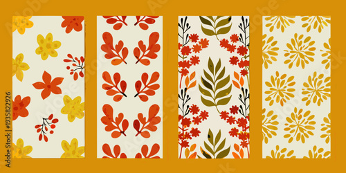 Four vertical panels featuring repeating autumnal floral and leaf patterns