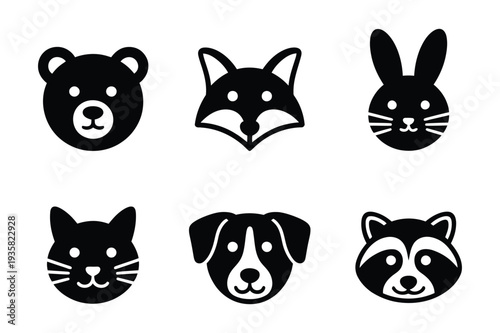 Cute Animal Face Icons: Bear, Fox, Rabbit, Cat, Dog, Raccoon