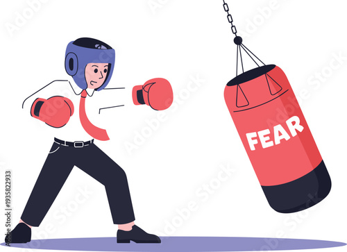 Businessman boxing against fear punching bag, overcoming challenges concept, risk management courage, leadership motivation success, resilience mindset vector illustration