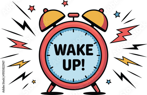 Wake up alarm clock vector illustration with comic lightning bursts, ringing retro bell clock icon, morning reminder concept flat design